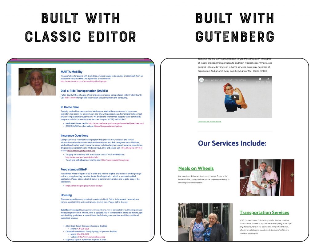 Classic editor page build vs. Gutenberg editor
