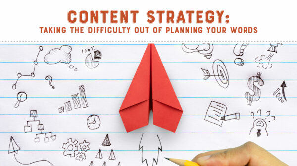 A red paper airplane on a white piece of paper with the text "Content Strategy
